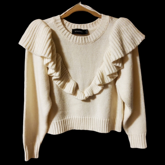 Mink Pink Carice Exaggerated Ruffle Sleeve Knit Cream Sweater Medium Cotton Wool - Picture 6 of 7